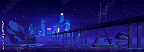 City skyline with buildings and bridge above lake or river at night. Vector cartoon landscape of sea, island with town skyscrapers on horizon, overpass highway, stones in water and stars in sky