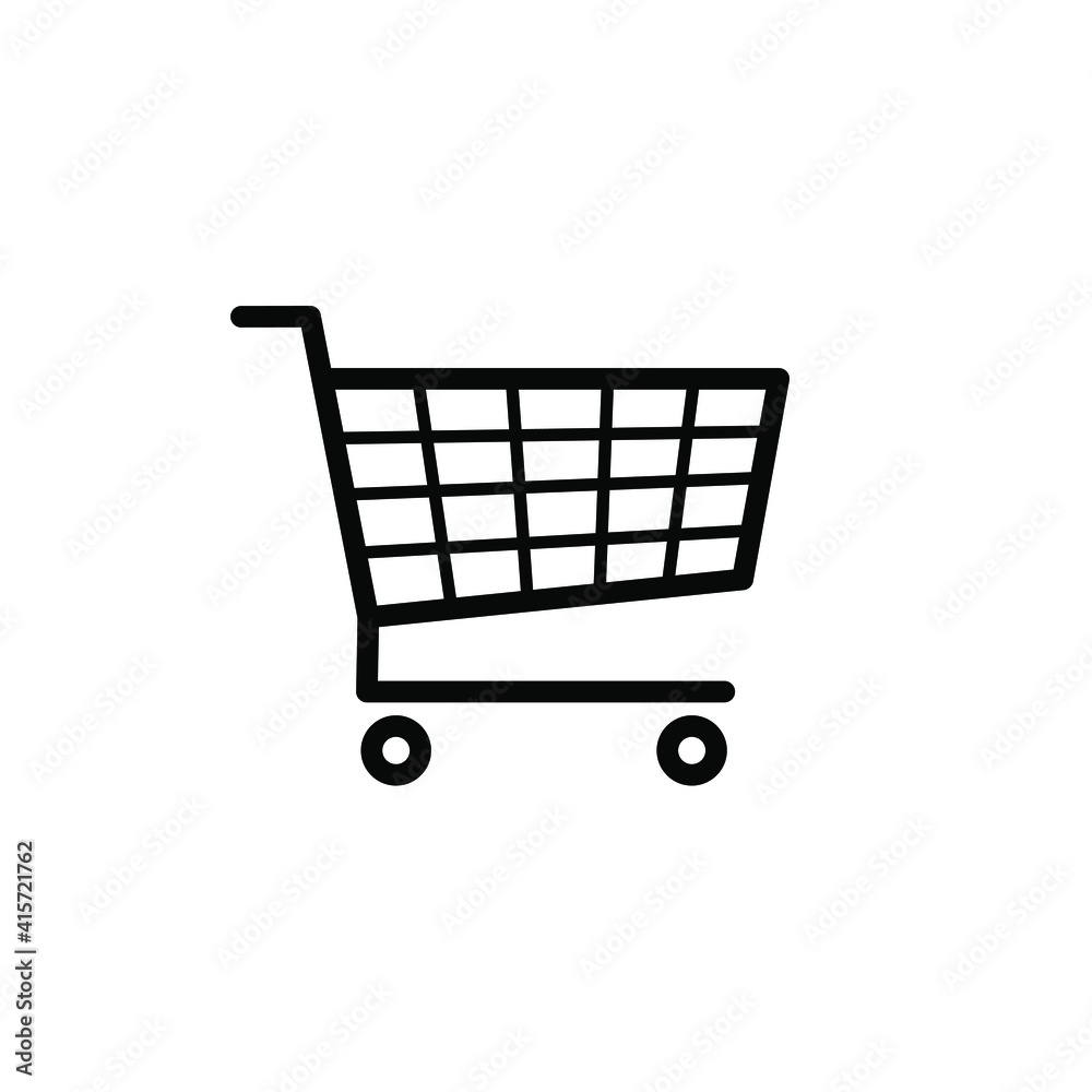 Shopping cart icon symbol. Flat shape trolley web store button. Online shop logo sign. Vector illustration image. Black silhouette isolated on white background.