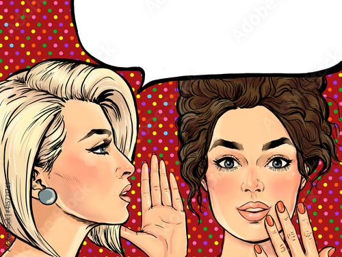 Amazed women gossip with thought bubble. Advertising poster or disco flayer design of female conversation. Two beautiful girls talking about you.