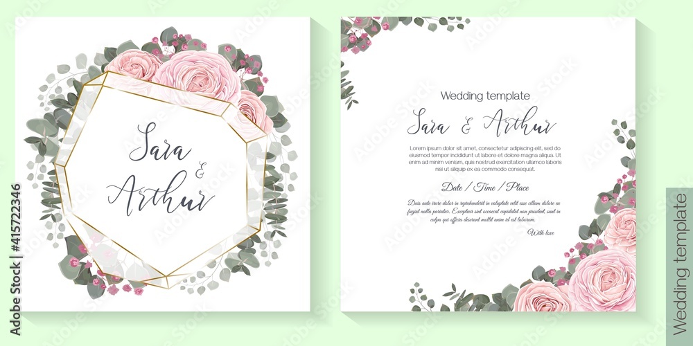 Floral design for wedding invitation. Gold round frame, pink hydrangea, green plants, eucalyptus.