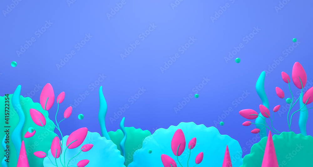 Coral reef, bubbles and plants  - marine card. Underwater ocean, sea plasticine background. Cute illustration in bright colors. Minimal 3d art style. Empty space for advertising baby products 