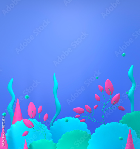 Coral reef, bubbles and plants - marine card. Underwater ocean, sea plasticine background. Cute illustration in bright colors. Minimal 3d art style. Empty space for advertising baby products 