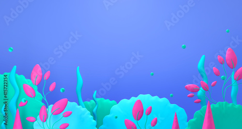 Coral reef, bubbles and plants - marine card. Underwater ocean, sea plasticine background. Cute illustration in bright colors. Minimal 3d art style. Empty space for advertising baby products 
