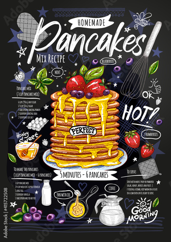 Food poster, pancakes recipe, ingredients, home made. Honey sweet, baked crepes, strawberry, breakfast, berries. Yummy cartoon style isolated Hand drew vector