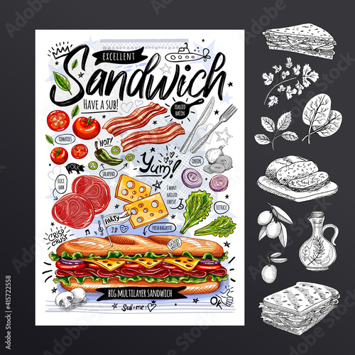 Food poster, ad, fast food, ingredients, menu, sandwich, sub, snack. Sliced veggies, cheese ham bacon Yummy cartoon style isolated Hand drew vector