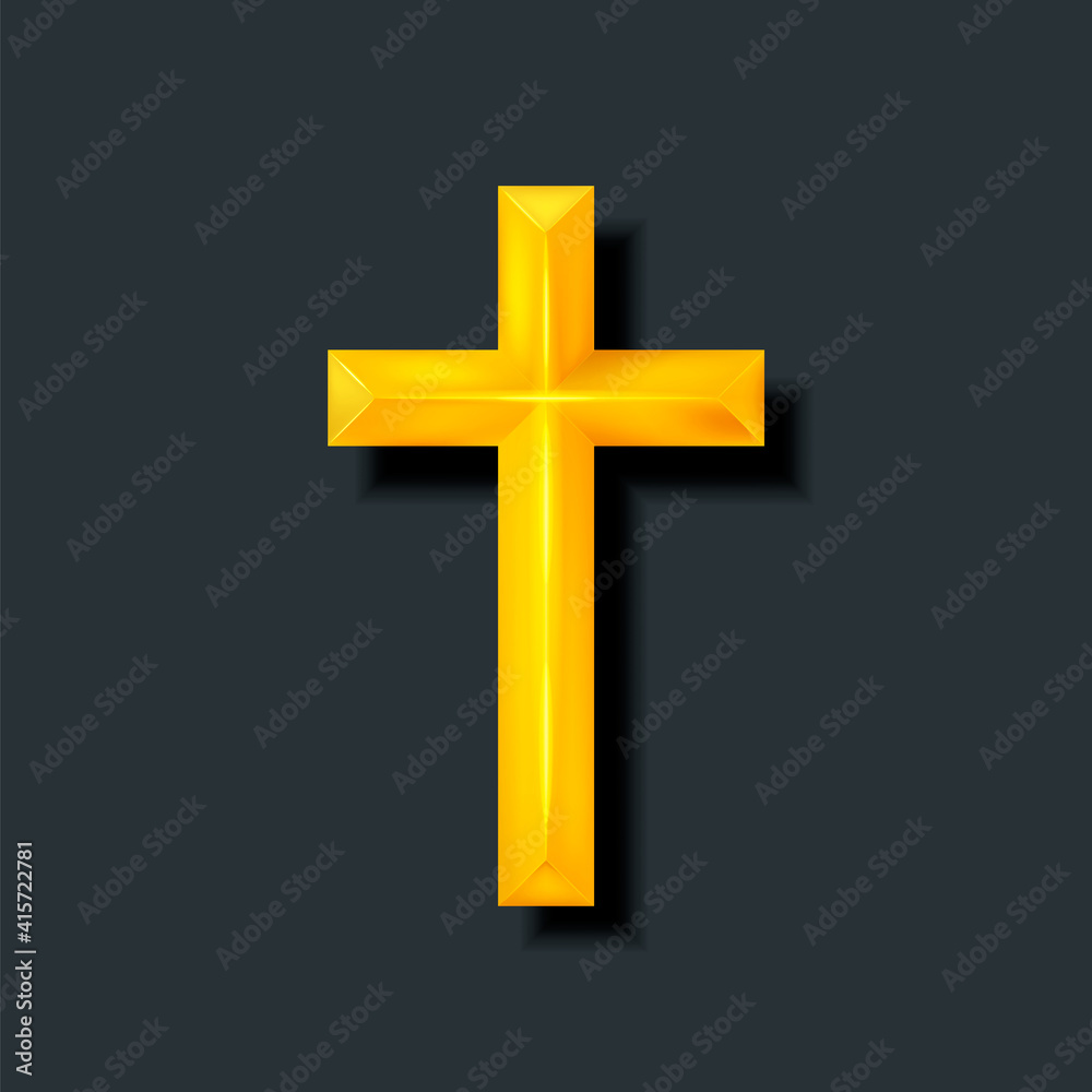 Golden Christian cross. Realistic cross isolated on background. Vector illustration.