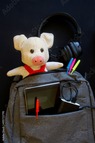 Fotografie, Tablou Modern textile urban backpack of a schoolgirl or student with a lot of gadgets and a cute soft toy