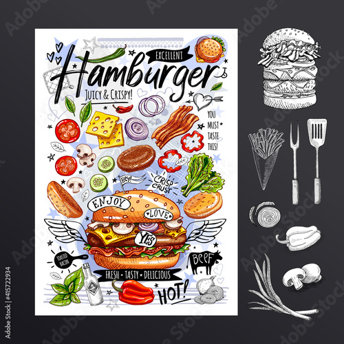 Food poster, ad, fast food, ingredients, menu, burger. Sliced veggies, bun, cutlet, cheese meat bacon Yummy cartoon style isolated Hand drawn vector