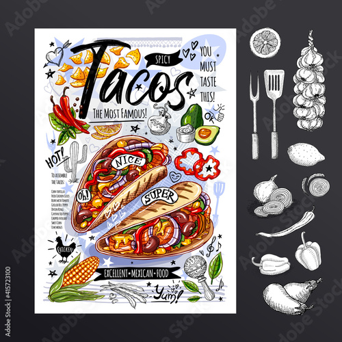 Food poster, ad, fast food, menu, mexican cuisine, nachos, burritos, tacos, snack. Avocado, cheese bean corn chicken Yummy cartoon style isolated Hand drawn vector