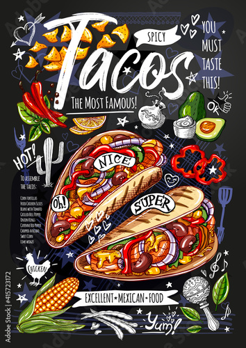 Food poster, ad, fast food, menu, mexican cuisine, nachos, burritos, tacos, snack. Avocado, cheese bean corn chicken Yummy cartoon style isolated Hand drew vector