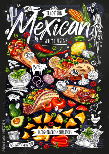Food poster, ad, fast food, menu, restaurant, Mexican cuisine, nachos, burritos, tacos, snack. Avocado, cheese bean corn chicken Yummy cartoon style isolated Hand drew vector