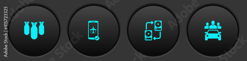 Set Aviation bombs, Flight mode in the mobile, Data exchange with hhd and Car sharing icon. Vector. photo