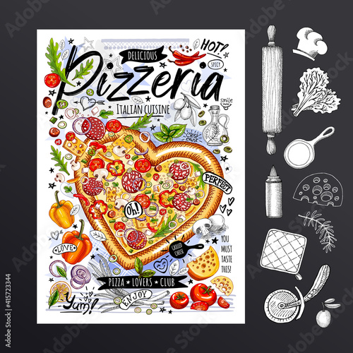 Food poster, ad, fast food, ingredients, pizzeria menu, pizza, heart. Sliced veggies, cheese, pepperoni splash Yummy cartoon style isolated Hand drew vector