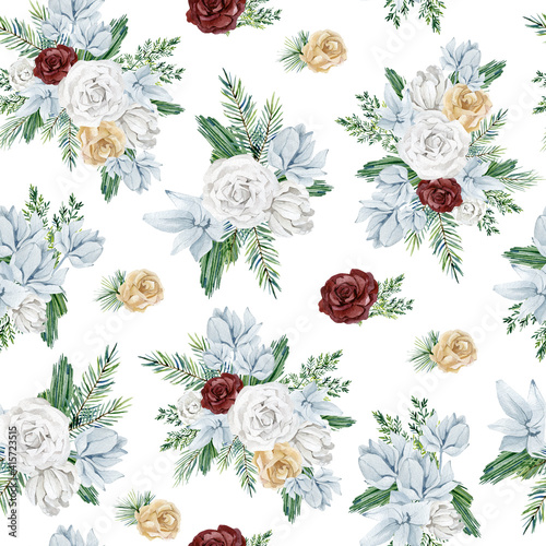 Watercolor white and blue floral seamless pattern with flower bouquet. Burgundy Rose, fir branch, . Greenery background.