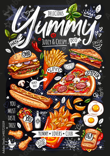 Food poster, ad, fast food, set, menu, burger, pizza slice, sandwich, roll, chicken, fries, hot dog grilled eggs snack Yummy cartoon style isolated Hand drew vector