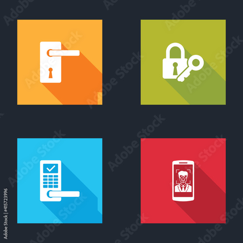 Set Door handle, Lock key, Digital door lock with wireless and Mobile face recognition icon. Vector.