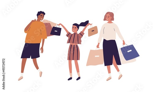 Happy multiracial family with kid holding shopping bags. Mother, father and daughter with purchases after shop. Colored flat vector illustration of shopaholics or shoppers isolated on white background