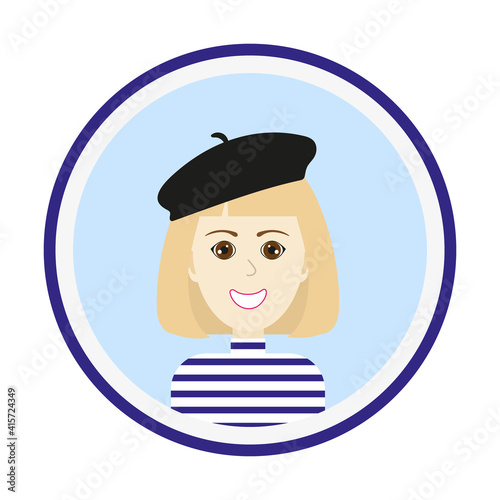 Female avatar. Cute woman portrait on blue background. Smiling girl face with medium length blond hair, brown eyes and black beret. Isolated vector illustration.