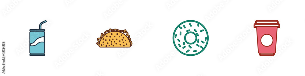 Set Soda can with drinking straw, Taco tortilla, Donut and Coffee cup icon. Vector. Set Soda can with drinking straw, Taco tortilla, Donut and Coffee cup icon. Vector.