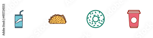 Set Soda can with drinking straw, Taco tortilla, Donut and Coffee cup icon. Vector.