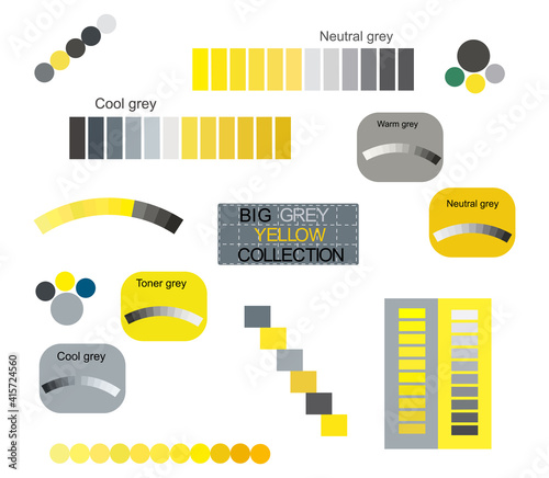 Big yellow grey tones trendy colors 2021 vector graphic collection. Technology color palettes design set. Cool, neutral, warm grey set smooth gradient from light to dark with yellow tones. Swatches.