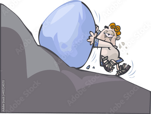 A cartoon of Sisyphus, rolling a stone up the hill. (ID: 415724570)