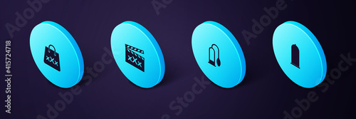 Set Isometric Condom safe sex, Penis pump, Movie clapper with Sex and Shopping bag triple X icon. Vector.