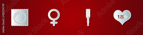 Set Condom in package, Female gender symbol, Spanking paddle and 18 plus content heart icon. Vector.