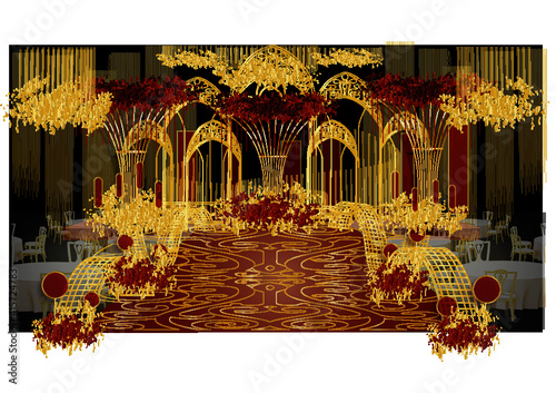 Gold red wedding stage design