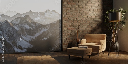 Living Room interior with velvet armchair and lamp and book. 3D rendering