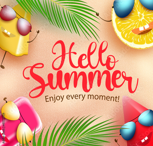 Hello summer character vector banner background. Hello summer text with cute tropical season fruits and popsicle characters in beach sand background for fun holiday vacation. Vector illustration
