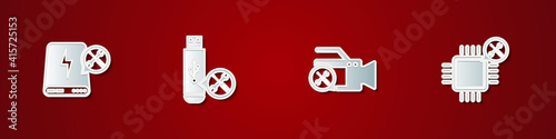 Set Power bank service, USB flash drive, Video camera and Processor icon. Vector.