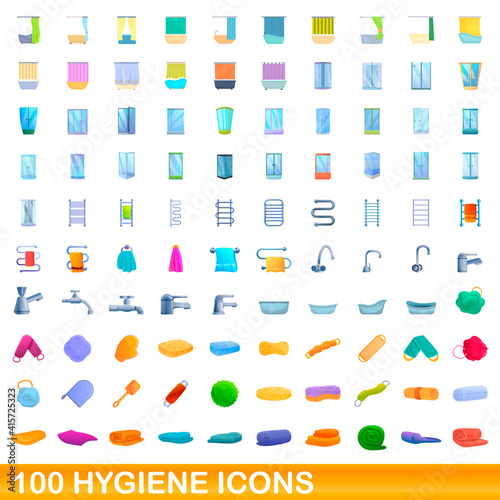 100 hygiene icons set. Cartoon illustration of 100 hygiene icons vector set isolated on white background
