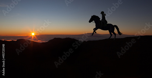 Sports girl riding a horse at countryside in a field  isolated image  black silhouette on a sunset background  against morning sky