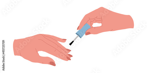 Manicure. Female manicured hands. Lady painting, polishing nails. Beautiful woman hands with beige nail polish. Vector stock illustration. Hand-drawn trendy graphics. Beauty concept.