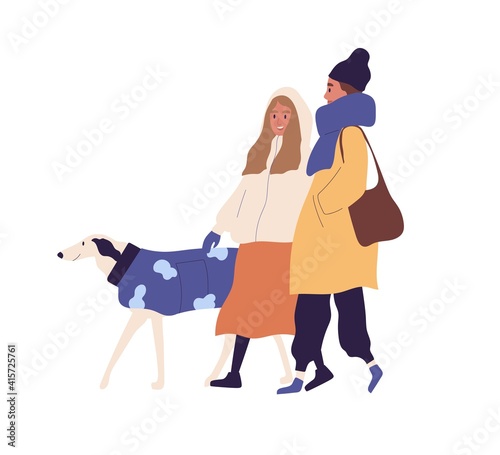 Happy people walking with dog in winter time. Scene of friends strolling with pet outdoors in wintertime. Colored flat vector illustration of women in warm clothes isolated on white background