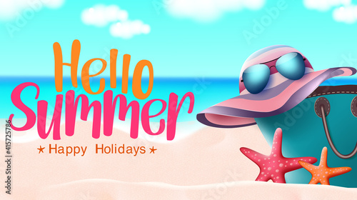Hello summer vector banner design. Hello summer happy holidays text with hat, sunglasses, bag and starfish element in beach background for holiday travel vacation. Vector illustration 
