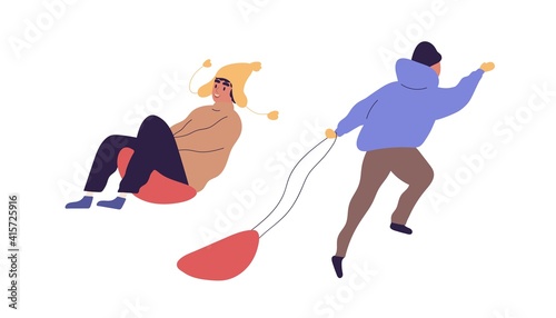 Happy children sledding on sledges. Kids having fun during winter activity. Boys sliding on sleighs in wintertime. Colored flat cartoon vector illustration isolated on white background