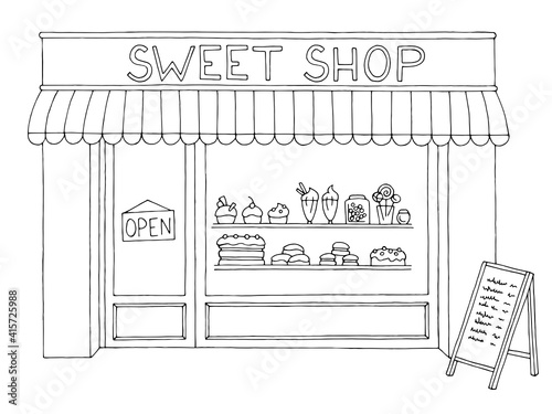 Sweet shop exterior confectionery store graphic black white sketch illustration vector