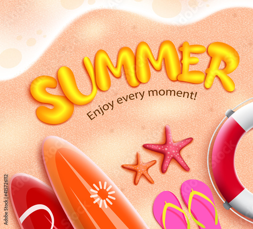 Summer 3d vector concept design. Summer enjoy every moment text in sand beach background with surfboard, lifebuoy and flipflop elements for travel vacation. Vector illustration 
