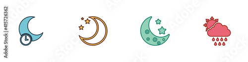 Set Sleeping moon, Moon and stars, and Cloud with rain sun icon. Vector.