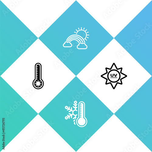 Set Meteorology thermometer, Thermometer with snowflake, Rainbow clouds and sun and UV protection icon. Vector.