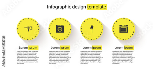 Set Rotary hammer drill machine, Washer, Construction jackhammer and Oven. Business infographic template. Vector.