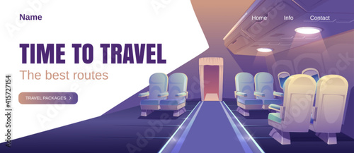 Time to travel banner. Concept of airline journey with best routes for vacation. Vector landing page with cartoon luxury interior of business class plane cabin with comfortable seats