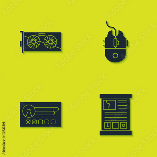 Set Video graphic card, Game guide, Create account screen and Computer mouse gaming icon. Vector.