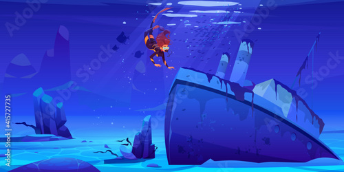 Scuba diver explore sunken ship on sea bottom. Woman floating above wreck steamboat vessel with pipes in underwater world, female character in ocean with sun beams falling, Cartoon vector illustration