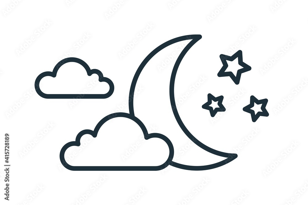 Simple weather icon with half moon or waning crescent with stars in cloudy sky. Symbol of night time in line art style. Linear flat vector illustration isolated on white background Simple weather icon with half moon or waning crescent with stars in cloudy sky. Symbol of night time in line art style. Linear flat vector illustration isolated on white background