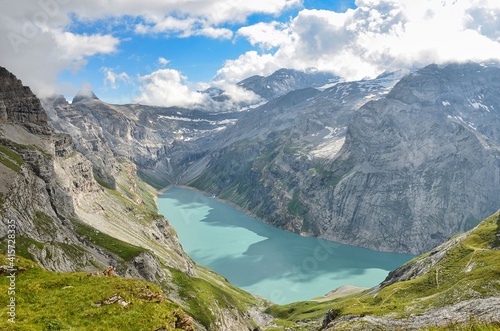 fantastic panorama view of the limmernsee in the swiss mountains. good hiking landscape near the world famous muttsee da