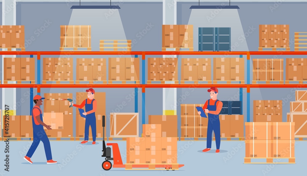 Warehouse interior with cardboard boxes. Staff surrounded by boxes on rack and transport of storehouse interior. pallet trucks, forklift truck. Vector illustration in flat style