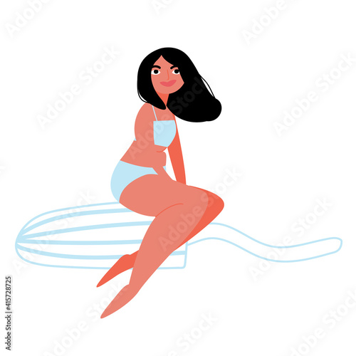 Cartoon young girl in underwear sitting on a tampon. Vector hand-drawn illustration of happy women on tampons. Female menstruation. The concept of women's health and healthcare. Feminine design. © Natur19